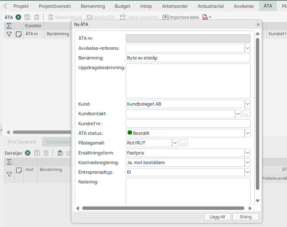 Projektmodul — dialog för att skapa ny ÄTA