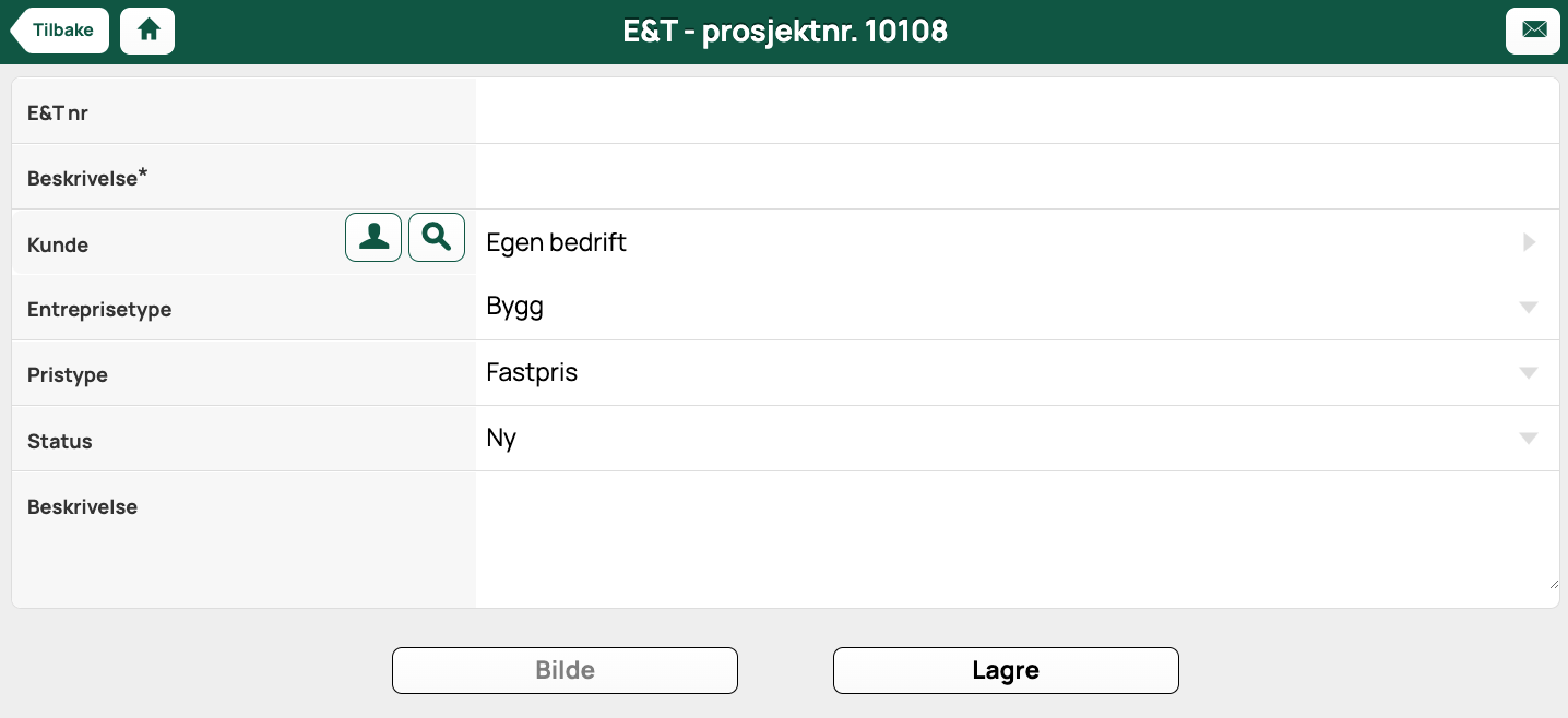 E&T prosjekt — registreringsskjema for nytt prosjekt