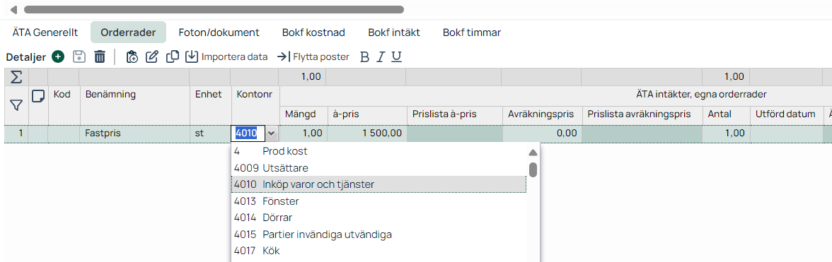 Orderrader — kontonummer dropdown öppen med kontoval