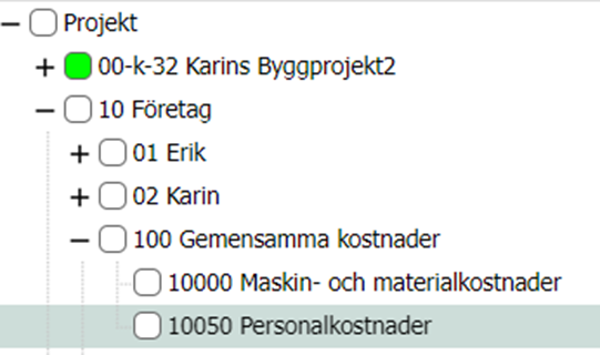 Projektträd med hierarkiska kostnadsgrupper i affärssystem