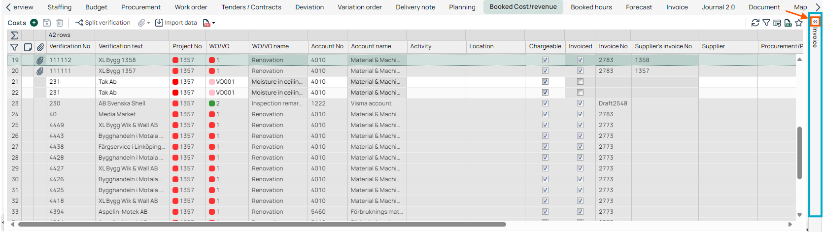Project — Booked Cost/Revenue tab with costs list