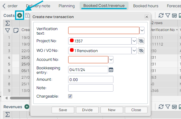 Booked Cost/Revenue — Create New Transaction dialog