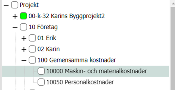 Projektträd med hierarkiska kostnadsgrupper i affärssystem