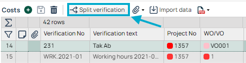 Costs grid with Split verification button highlighted