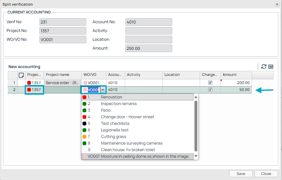 Split Verification dialog with WO/VO dropdown open