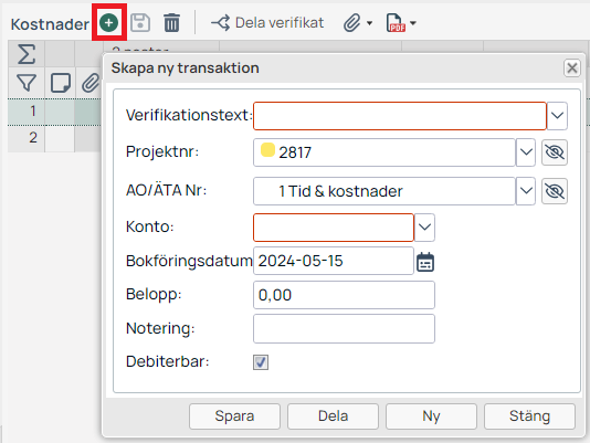 Dialog för att skapa ny transaktion under Kostnader