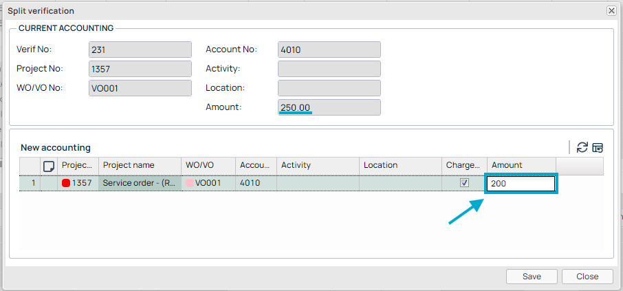 Split Verification dialog with new accounting entry