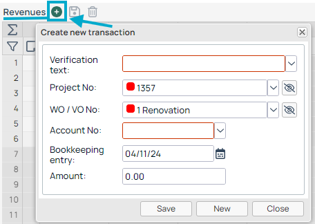 Revenues — Create New Transaction dialog