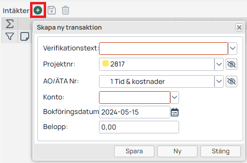 Dialog för att skapa ny transaktion i intäktsmodul