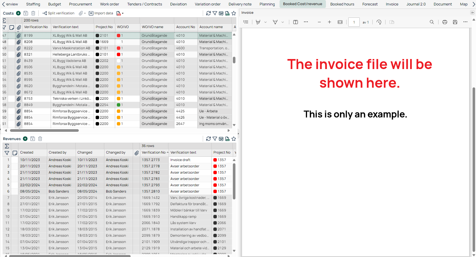 Booked Cost/Revenue tab with Invoice preview panel