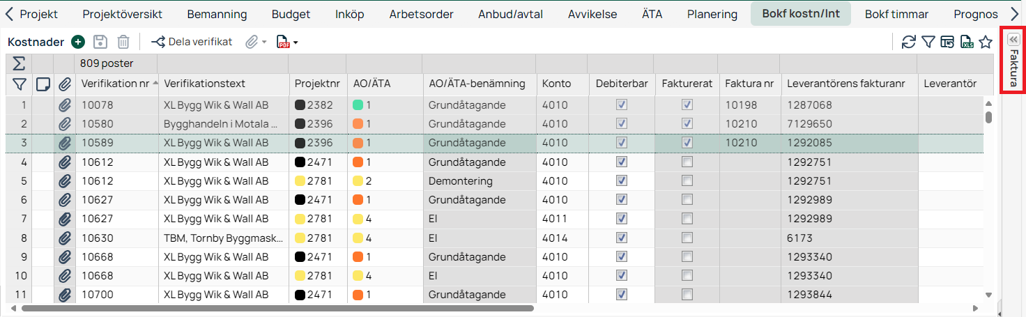 Bokförda kostnader — lista med verifikationer och fakturastatus