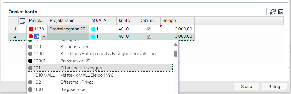 Önskat konto — projektval med dropdown-lista