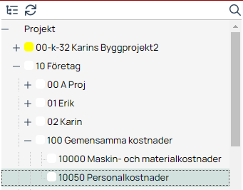 Project tree navigation with expanded cost categories