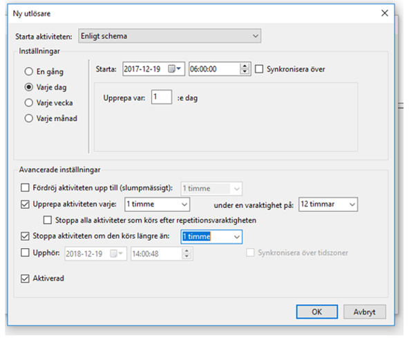 Dialog för ny utlösare med schemalagda inställningar