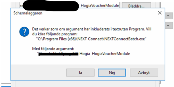 Schemaläggaren — bekräftelsedialog för programkörning med argument