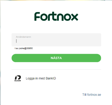 Fortnox inloggningssida med användarnamn och BankID