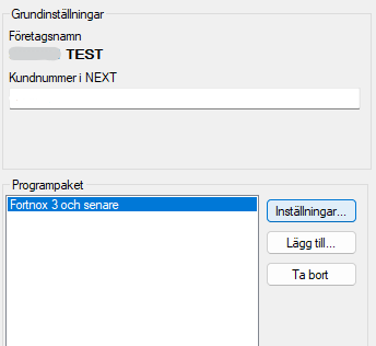 Grundinställningar — företagsnamn och programpaket Fortnox