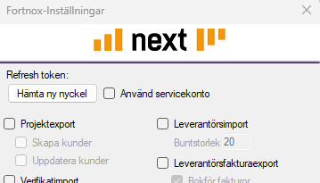 Fortnox-inställningar dialog med integrationsalternativ