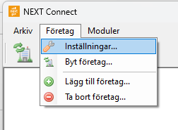 NEXT Connect — Företag-meny med Inställningar markerat