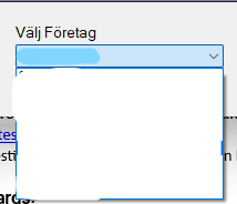 Välj Företag — dropdown öppnad i affärssystem