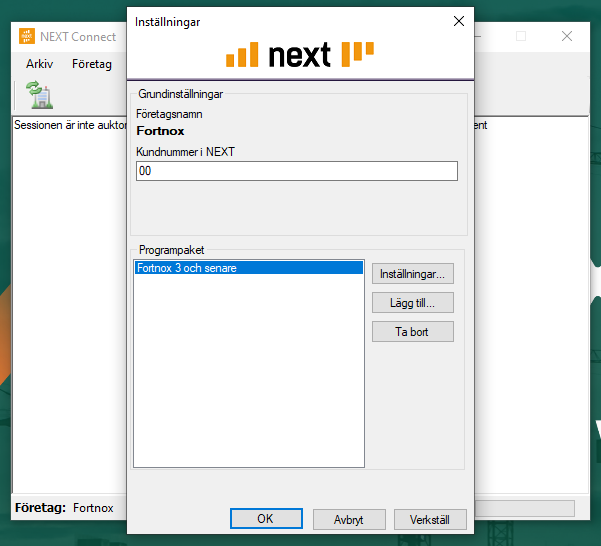 NEXT Connect inställningar — grundinställningar och programpaket