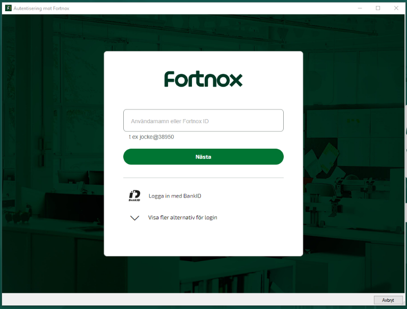 Autentisering mot Fortnox — inloggningsdialog