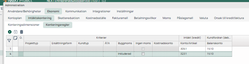 Administration — Intäktskontering, fliken Konteringsregler
