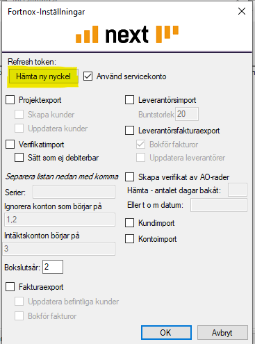 Fortnox-Inställningar dialog med integrationsalternativ