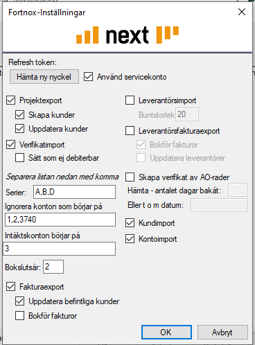Fortnox-Inställningar dialog med importval och tokens