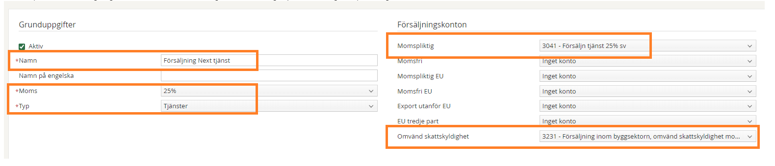 Artikelkategori inställningar — grunduppgifter och försäljningskonton