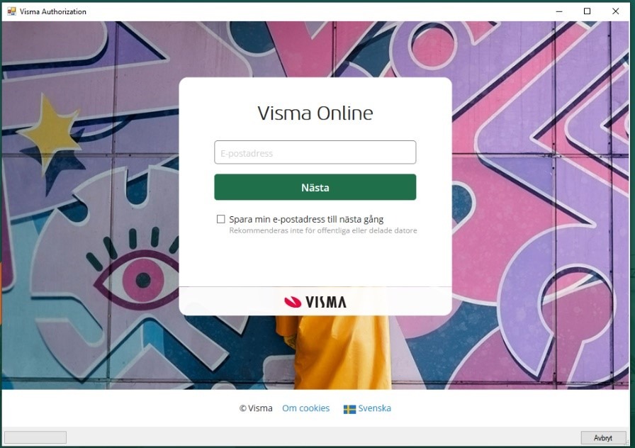 Visma Online inloggningsdialog med e-postfält
