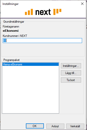 Inställningar — Grundinställningar med programpaket i NEXT