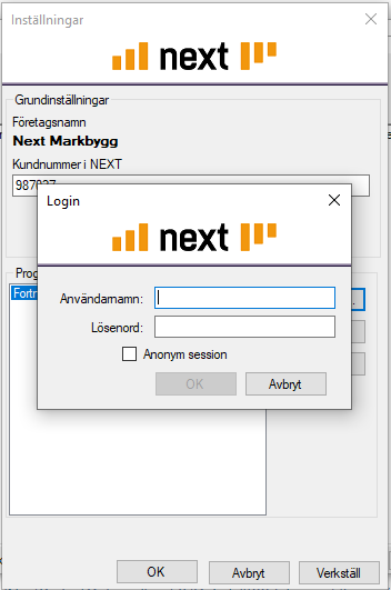 Inställningar med Login-dialog i Next affärssystem