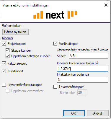 Visma eEkonomi inställningar — moduler och importkonfiguration