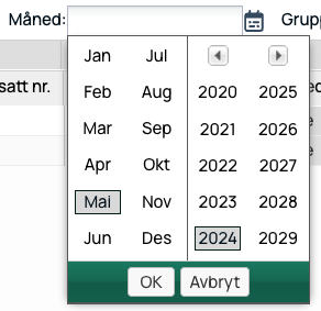Måneds- og årsvelger dialog med OK og Avbryt