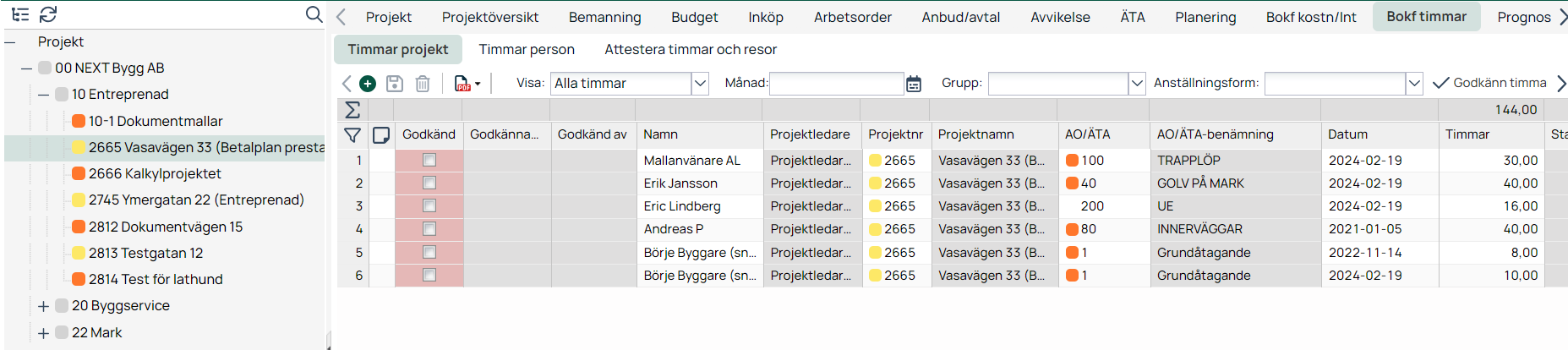 Bokförda timmar per projekt — lista med godkännandestatus