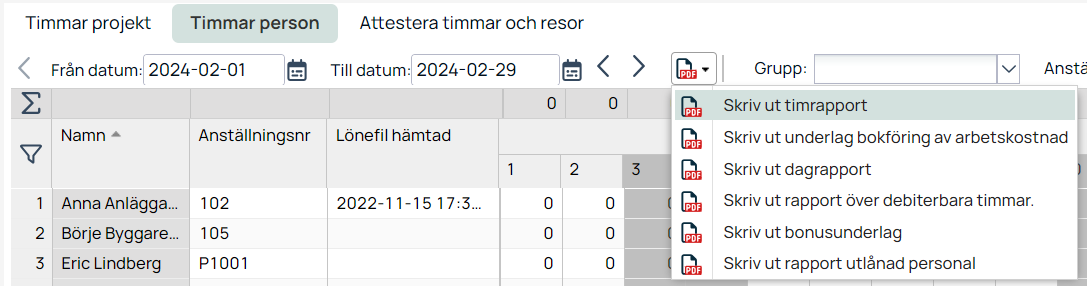 Timmar person — utskriftsmeny med rapportalternativ