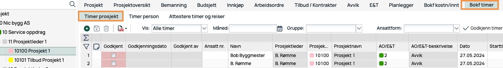 Bokførte timer — Timer prosjekt-fane med timeoversikt