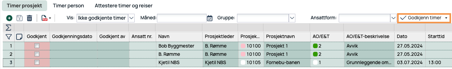 Timer prosjekt — liste over ikke godkjente timer