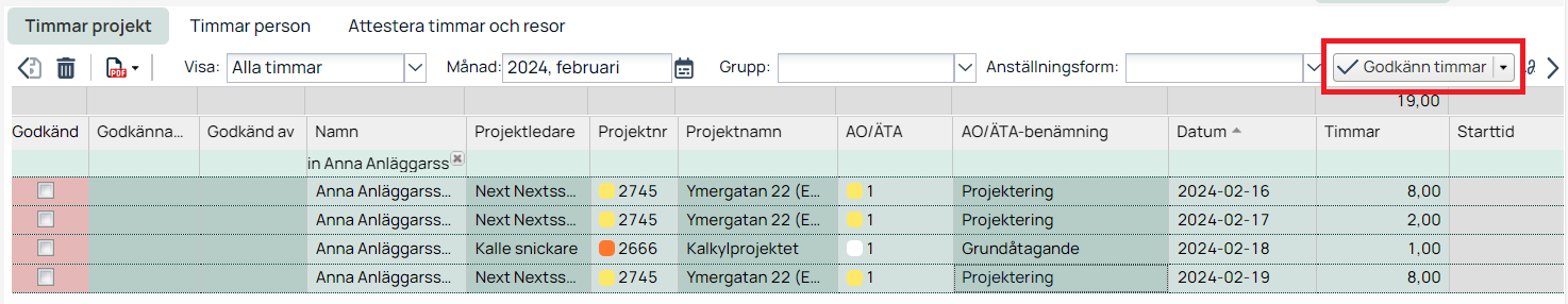 Timmar projekt — lista med timmar att godkänna