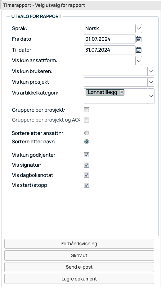 Timerapport — Velg utvalg for rapport dialog