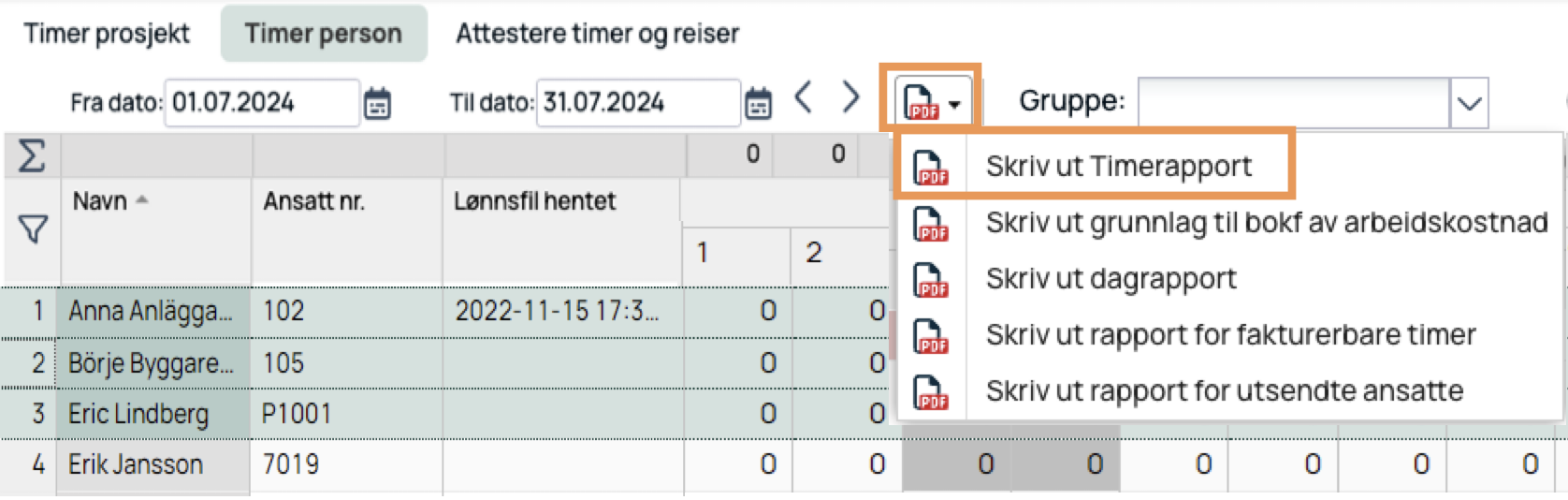 Timer person — PDF-meny med utskriftsalternativer åpen