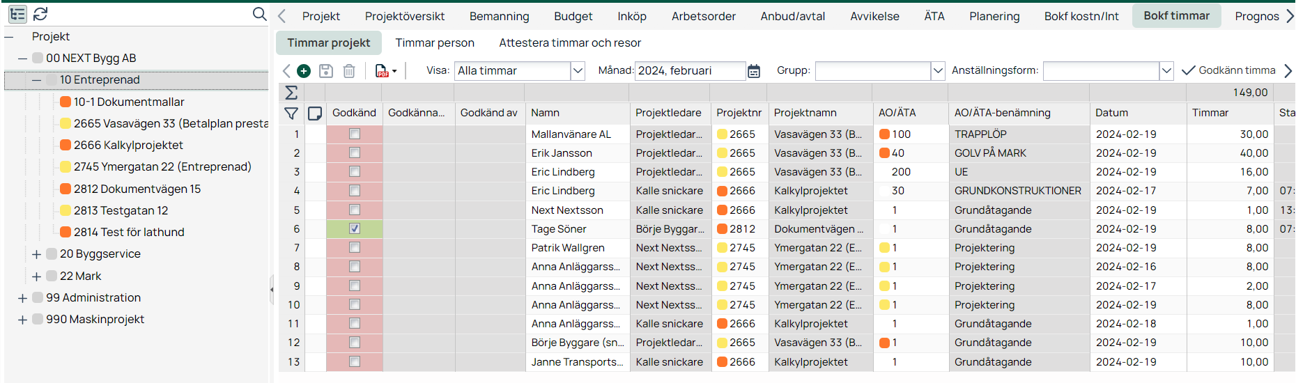 Bokförda timmar per projekt — lista med godkännandestatus