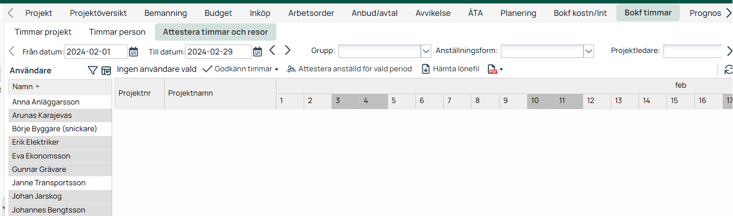 Bokf timmar — Attestera timmar och resor, kalendervy februari