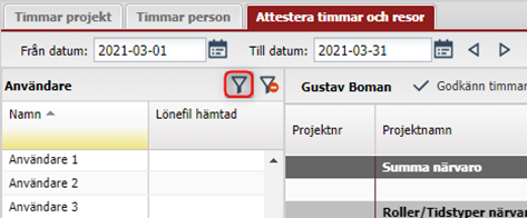 Attestera timmar och resor — filtrer og godkjenn timer