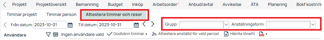 Attestera timmar och resor — flik i prosjektmodul