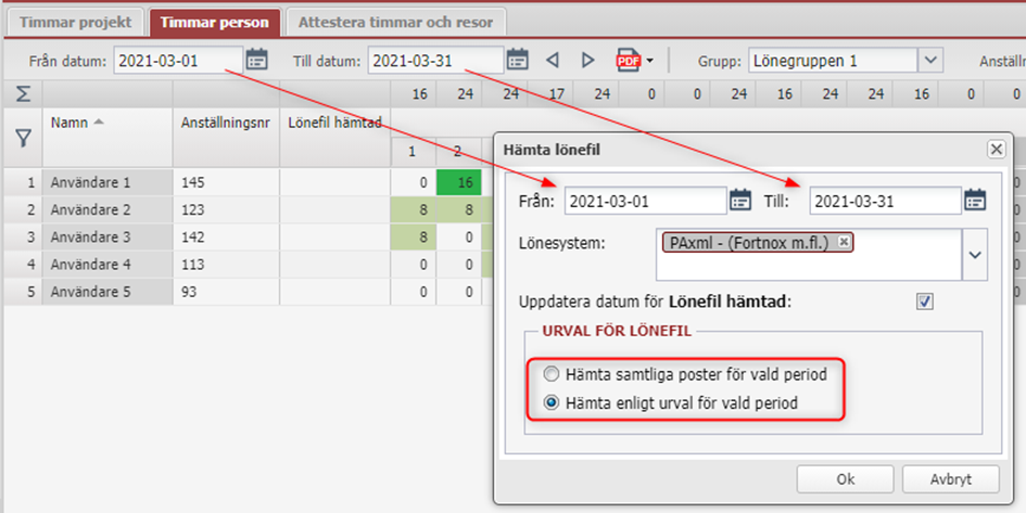 Hämta lönefil-dialog med urval för vald period
