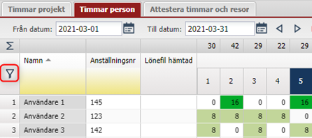 Timmar person — oversikt over ansattes timer per dag