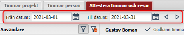 Attestera timmar och resor — datofilter og godkjenn-knapp