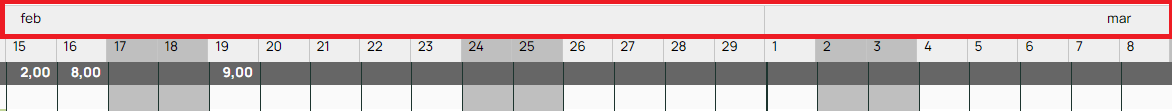 Kalendervy med timregistreringar över februari och mars